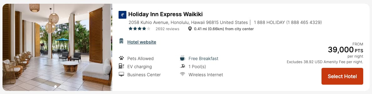 IHG award booking for the Holiday Inn Express Waikiki for 39,000 points per night